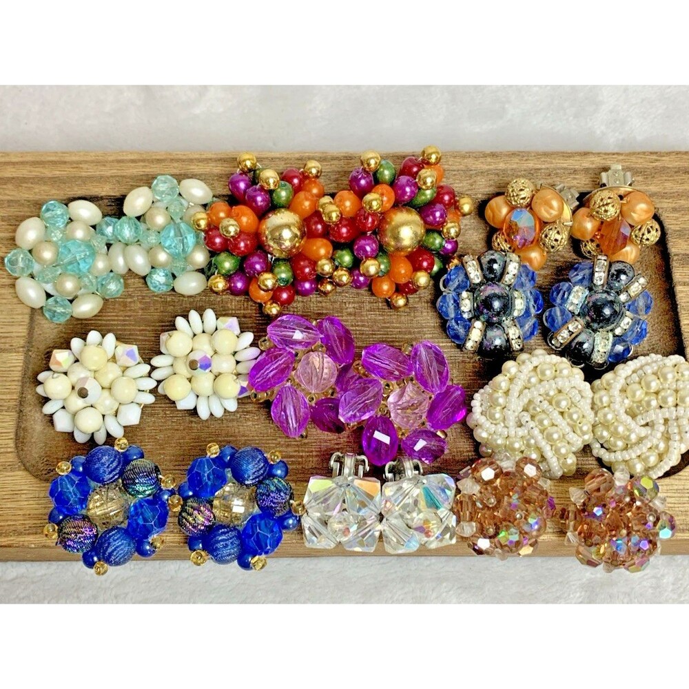 Vintage Beaded Cluster Clip On Earrings Lot 10pc AB Rhinestone W. Germany